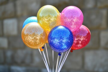Wall Mural - A photo capturing a bunch of brightly colored balloons attached to a stick Glittery balloons for a princessthemed birthday party