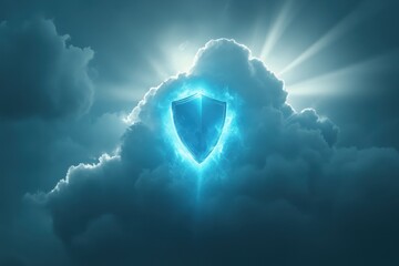 Poster - A shield embedded within a cloud representing cloud security .