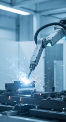Poster - Robotic arm performing precision welding in modern factory. Automated manufacturing process with sparks flying. Advanced industrial technology for Industry 4.0