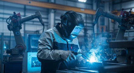 Poster - Welder working in futuristic factory with robotic arms and advanced technology. Modern industrial welding process showcasing Industry 4.0 concepts