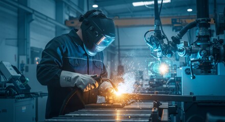 Poster - Welder using advanced welding equipment in modern factory. Skilled worker operating high-tech machinery with robotic arm and digital interface. Industry 4.0 manufacturing concept.