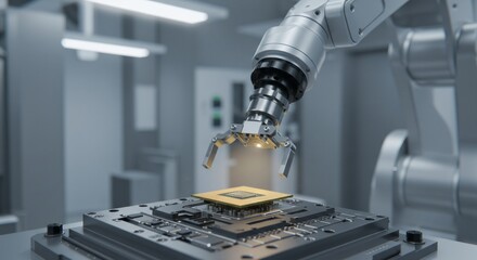 Poster - Robotic arm assembling computer chip in modern factory. Automated precision manufacturing of electronic components. Advanced technology in Industry 4.0