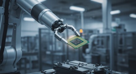 Poster - Robotic arm holding computer chip in modern factory. Automated assembly line for microchip production. High-tech manufacturing process. Industry 4.0 concept.
