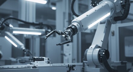 Poster - Robotic arm in modern automated factory performing precision tasks. High-tech industrial machinery for efficient manufacturing. Industry 4.0 concept.