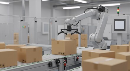 Poster - Automated robotic arm sorting cardboard boxes on conveyor belt in modern warehouse facility. Advanced logistics and packaging technology in Industry 4.0