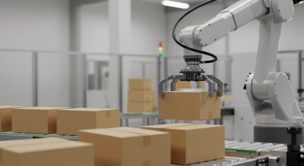 Poster - Robotic arm lifting cardboard box from conveyor belt in automated warehouse. Smart logistics, packaging, and sorting system for Industry 4.0 manufacturing