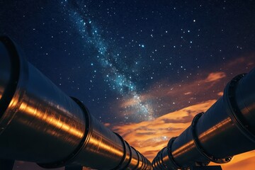 Poster - a multitude of stars industrial pipelines superimposed on a starry night sky.