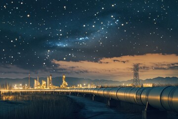 Poster - a multitude of stars industrial pipelines superimposed on a starry night sky.