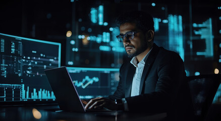 Poster - Indian man wearing glasses concentrates on his laptop while analyzing digital data visualizations in a dark room at night