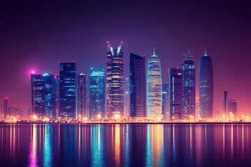 Poster - A photo capturing a group of towering buildings illuminated by city lights during the night Banks and banking institutions skyline .