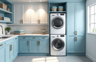 Light blue laundry room features modern steel appliances, white cabinets. Washing machine, dryer stacked. Clean, organized home interior space. Sink, counter, window provide functional design,