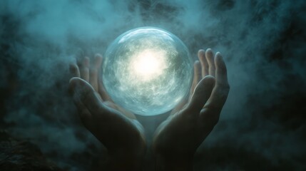 Wall Mural - A bright crystal ball held by glowing hands, with swirling lights and cosmic themes