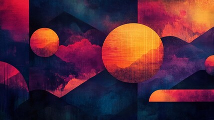 Wall Mural - abstract landscape with colorful geometric shapes and celestial bodies