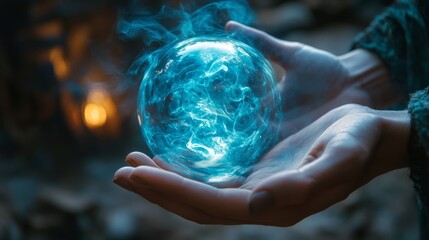 Wall Mural - Ethereal hands cupping a crystal ball with a bright cosmic core, glowing fog around