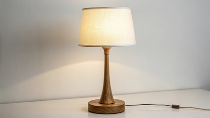 Wall Mural - Wooden Table Lamp with Fabric Shade on White Background