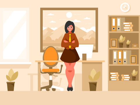 Female boss in the office. Businesswoman stands with arms crossed on chest. Standing confident woman in a suit and tie. Student study room. Executive office space. Vector graphics