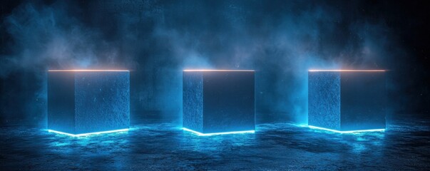Poster - three futuristic glowing blue cubes in a dark and mysterious setting