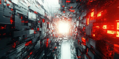 Poster - Digital tunnel with glowing light and intricate geometric patterns in shades of black and red