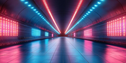 Poster - Vibrant illuminated passageway with blue and pink lights creating a futuristic atmosphere in a public space