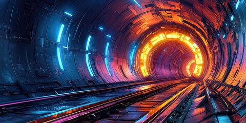 Poster - Futuristic train tunnel illuminated with vibrant neon lights at night