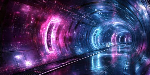 Poster - Vivid neon tunnel illuminated by colorful lights in a futuristic setting at night