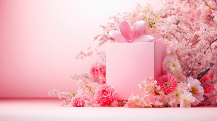 Poster - Pink Floral Gift Box with Cherry Blossoms and Spring Flowers in Pastel Setting