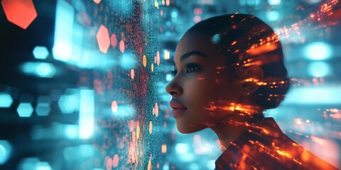 Aufkleber - A profile of a woman in a futuristic setting. Vibrant colors and digital elements surround her. This image captures innovation, technology, and a sense of wonder. Perfect for creative projects. AI