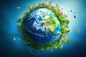 Planet Earth with flowers around the planet, blue background. Environmental theme.