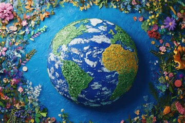 planet earth with flowers around the planet, blue background. environmental theme.