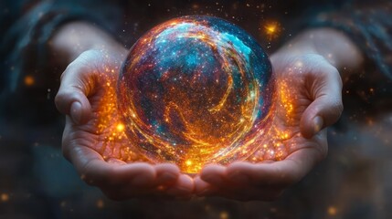 Wall Mural - Radiant hands holding a glowing crystal ball, with swirling stars and cosmic patterns inside