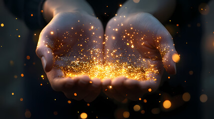 Wall Mural - hands cupped together holding golden glitter, with the particles creating a magical glow effect as they cascade down. Magical Spell-Casting Hands. Illustration
