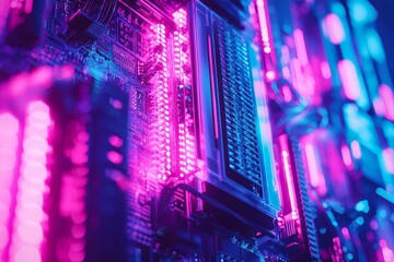 Poster - Quantum computer processor with neon lights, free space.