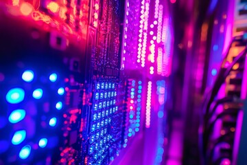 Poster - Quantum computer processor with neon lights, free space.