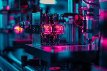 Poster - Quantum computer processor with neon lights, free space.