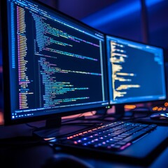 Leinwandbilder - Coding Environment: Dual Monitors Displaying Lines of Complex Code with Illuminated Keyboard in Dark Ambiance.
