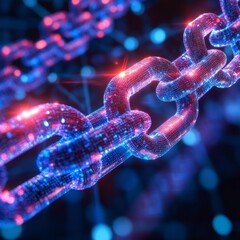 Poster - Cyber network with interlocking chains, glowing in red and blue, representing secure connectivity, modern visual style