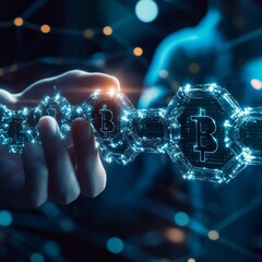 Poster - A visual representation of a secure digital environment. Show a hand holding a glowing blockchain with locks and keys, symbolizing transparency and security. 