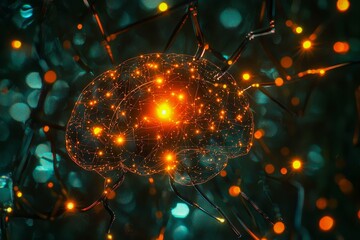 Poster - Artificial intelligence brain with glowing circuits, free background.