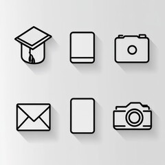 Poster - Simple and clean icons for a portfolio: a smartphone, an envelope, a graduation cap, a slate, and a camera. 