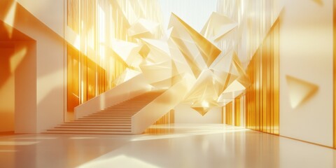 Poster - Modern architectural space with golden hues and abstract shapes. The warm light creates a serene atmosphere. Ideal for creating stunning visual designs. AI