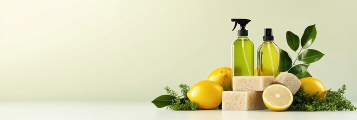 eco-friendly cleaning products, a modern d web banner with glossy lemons, spray bottles, and organic soap bars on a gradient background for a fresh, eco-friendly look