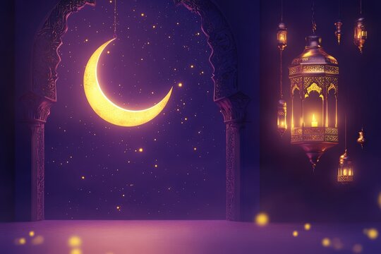 ramadan scene glowing crescent moon illuminated lantern golden stars and spiritual ambiance in a festive night sky
