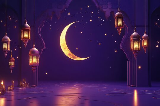 serene ramadan atmosphere with golden stars illuminated lanterns and ethereal glow in a peaceful setting