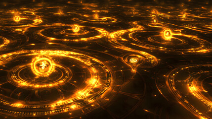 Poster - Futuristic cityscape at night featuring numerous illuminated circles of light in the skyline and streets