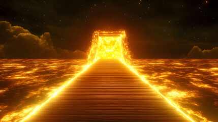 Poster - Wooden bridge extending towards a bright glowing sky at sunset with vibrant colors and clouds