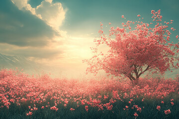 Wall Mural - Blossoming cherry tree in a serene meadow at sunset