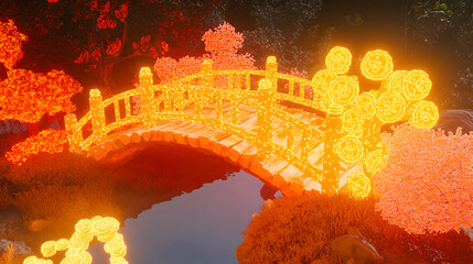 Poster - Bridge illuminated with lights at night over a calm water body reflecting the city skyline