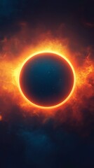 Wall Mural - Abstract phone wallpaper with bright neon circle on dark blue background. Abstract background with simple shapes in blue and orange colors.