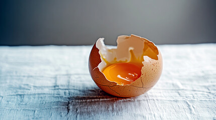 Poster - Cracked Eggshell Shows a Golden Yolk on a Minimal Surface, Evoking Simplicity and Purity