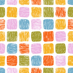 Poster - Seamless pattern with scribble square shapes. Colorful children drawings pencil crayon texture. Fun background for playful packaging, scrapbooking, cover, textile print, child creative design